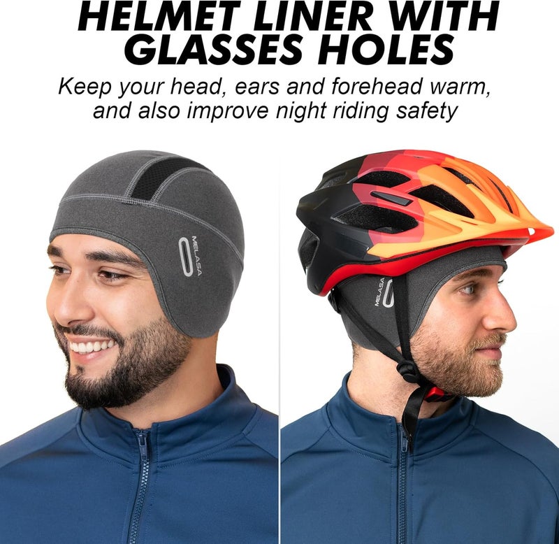 MELASA Thermal Fleece Skull Cap Beanie with Glasses Holes, Ear Warmer Helmet Liner, Winter Cycling Bike Hat for Men Women - Image 4
